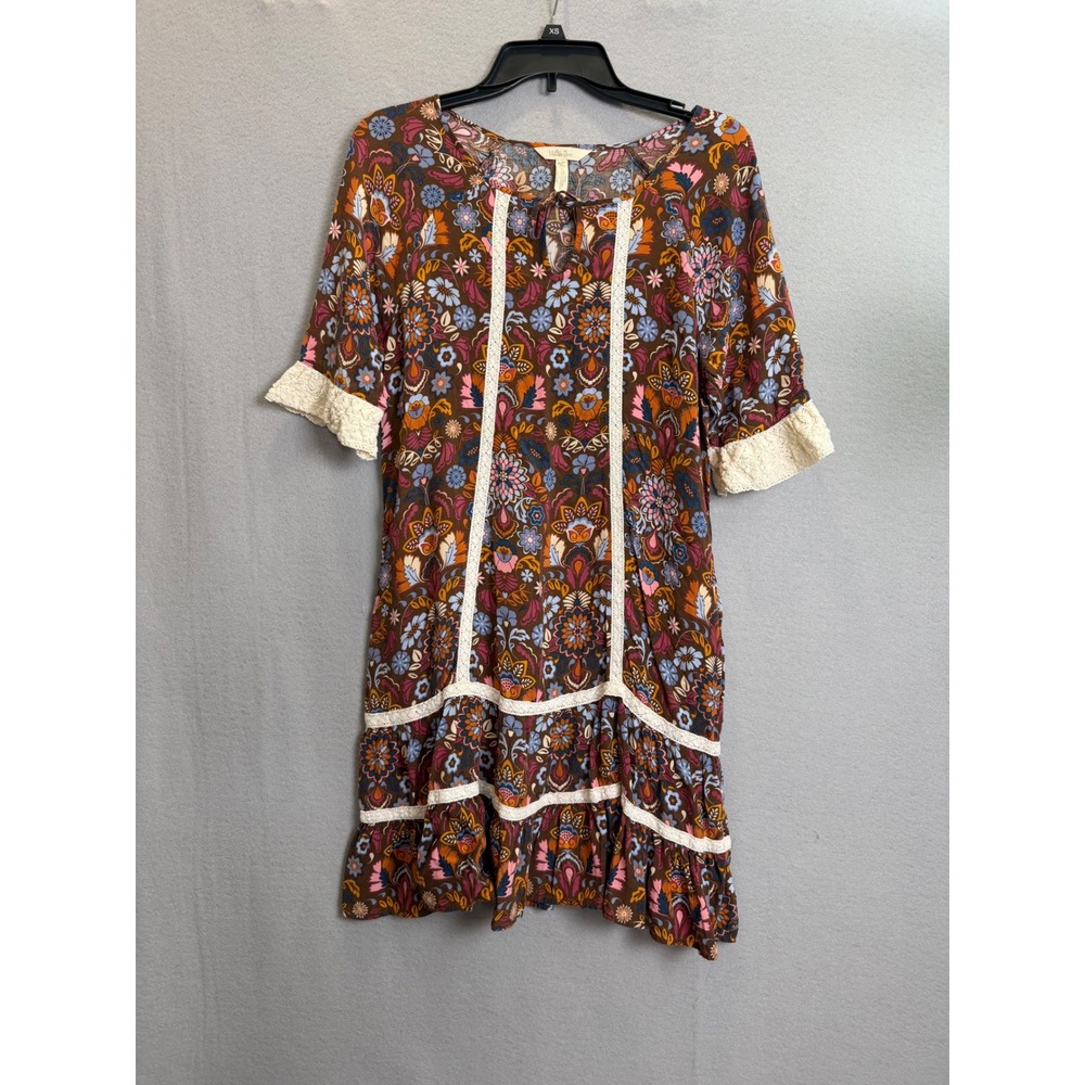 Matilda Jane Brown Floral Boho Lace Trim Tiered Ruffle Shift Dress Medium
